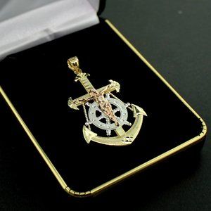 Real 10K Yellow Gold Anchor Cross Pendant